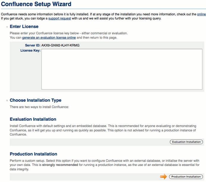 Confluence license input screen. Confluence license input screen.