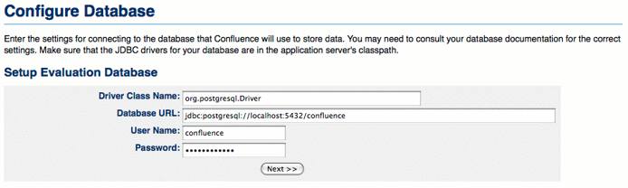 Confluence database connection details entry. Confluence database connection details entry.