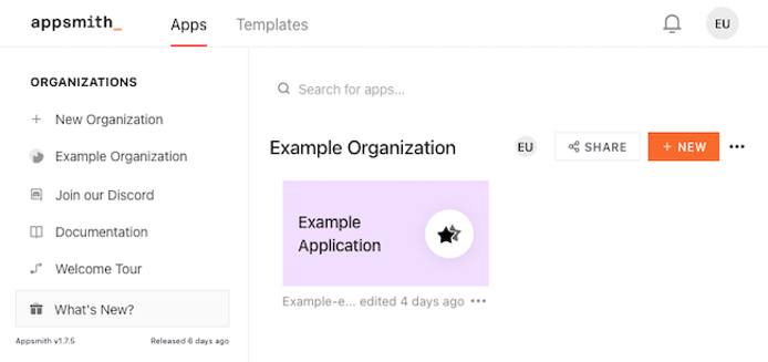 Example application on the Appsmith dashboard