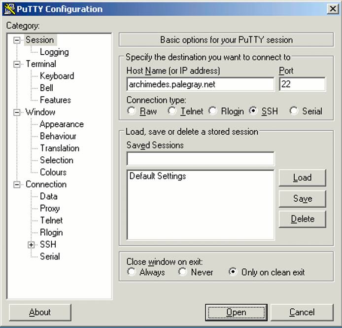 The session login screen in PuTTY on Windows. The session login screen in PuTTY on Windows.