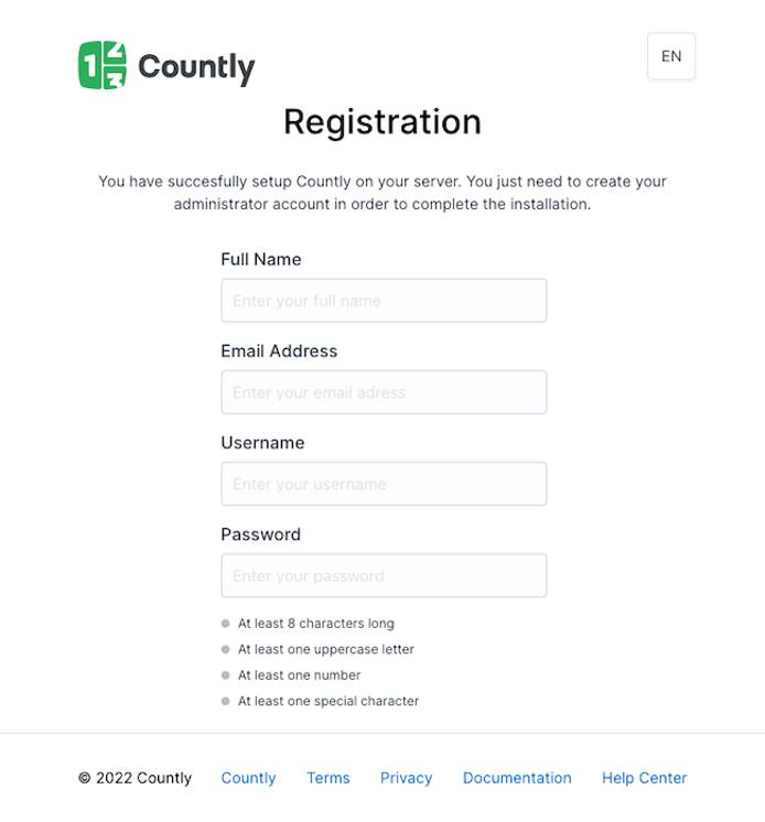 Countly registration page Countly registration page