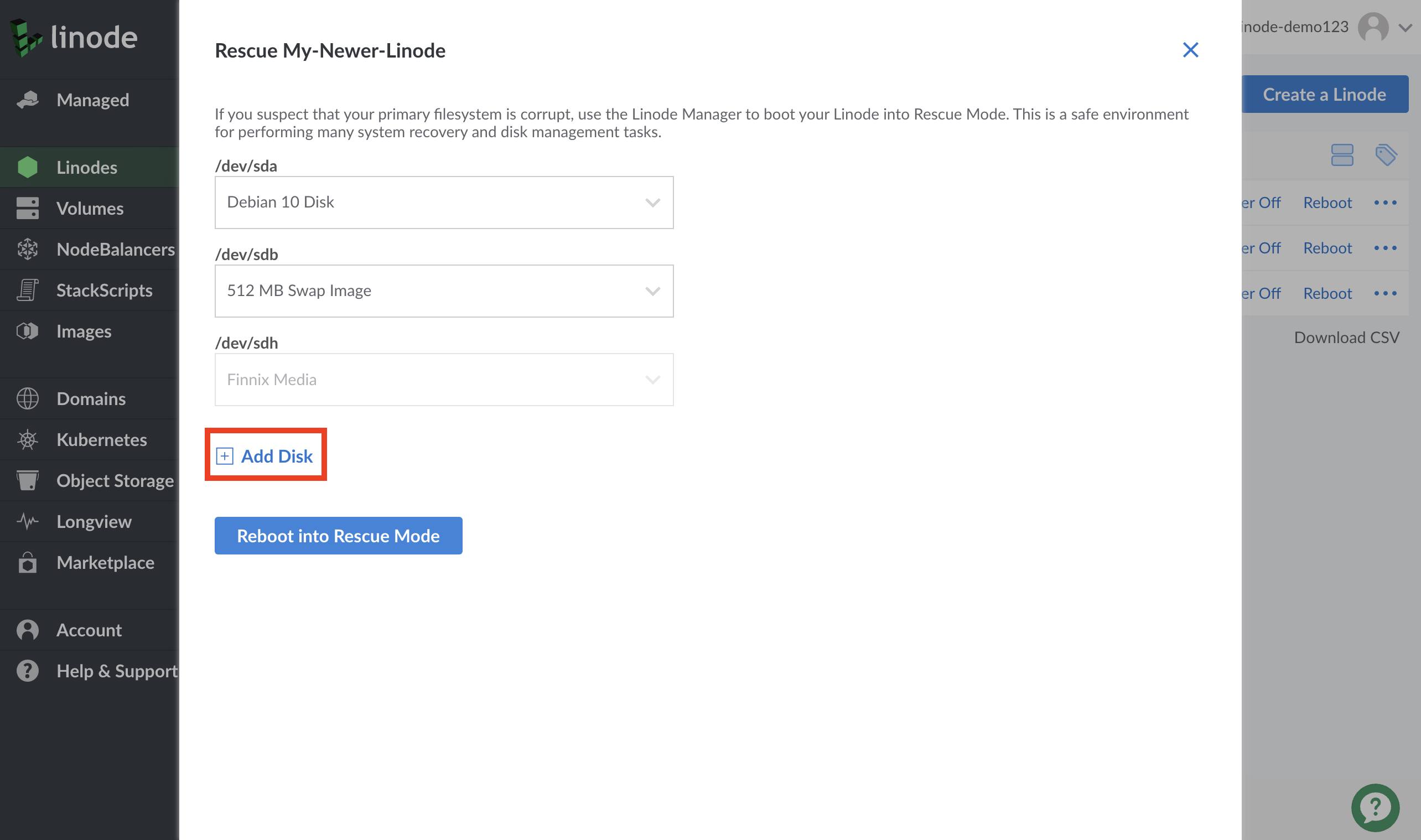 Linode Cloud Manager Rescue form - Add Disk highlighted Linode Cloud Manager Rescue form - Add Disk highlighted