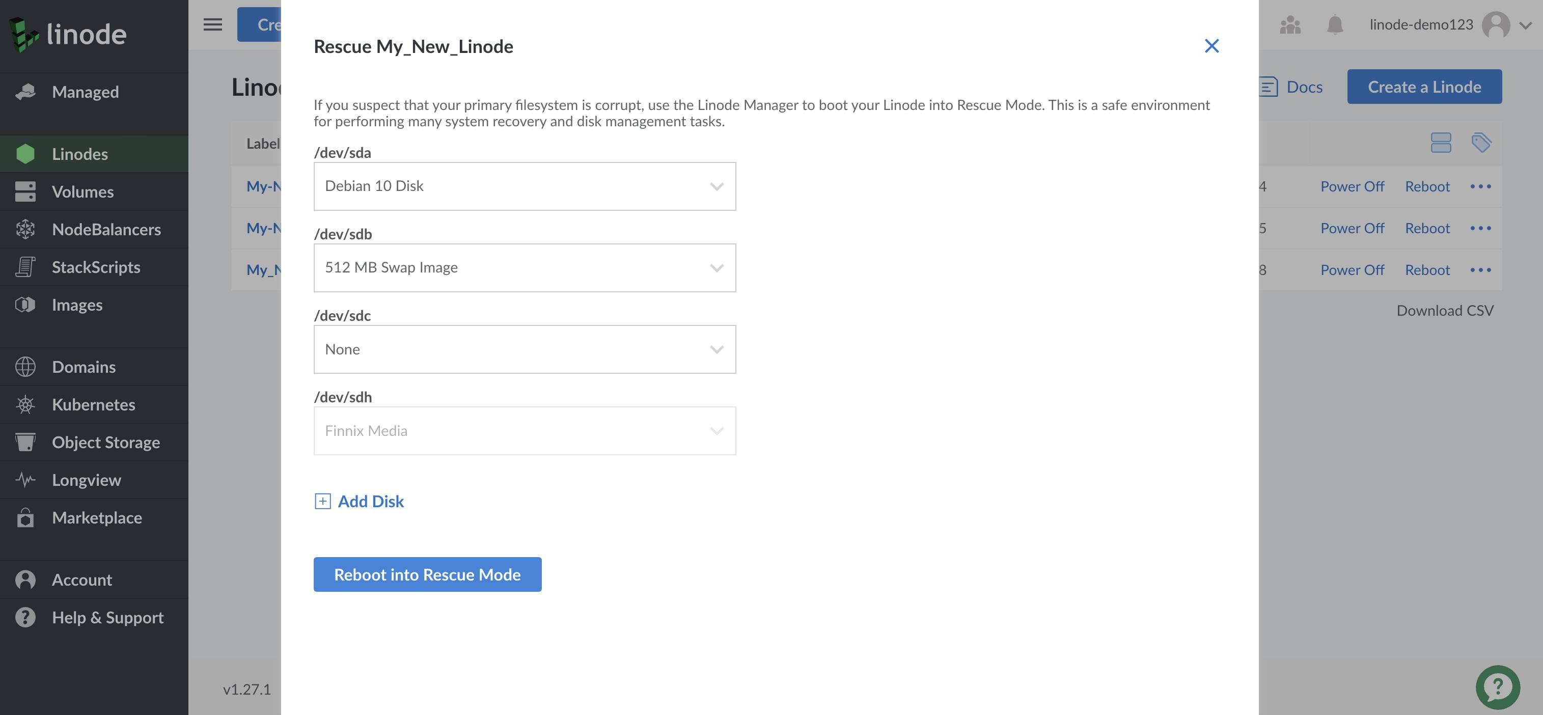 Linode Cloud Manager Rescue form - /dev/sda highlighted Linode Cloud Manager Rescue form - /dev/sda highlighted