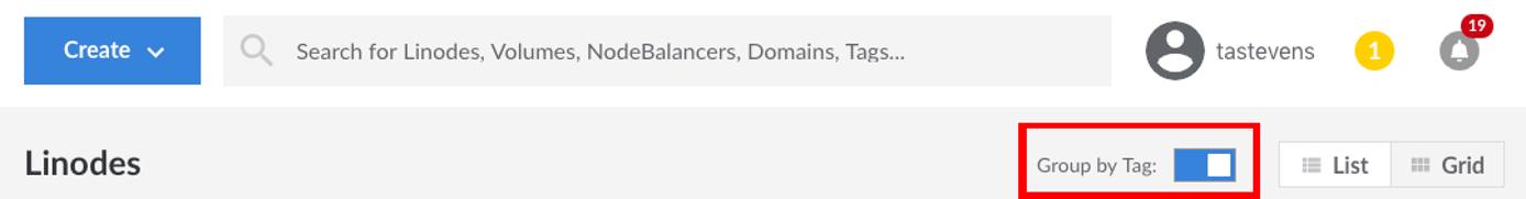 To group Linodes by tag, toggle the 'Group by Tag' box at the top of the Linodes page Cloud Manager Group by Tag switch
