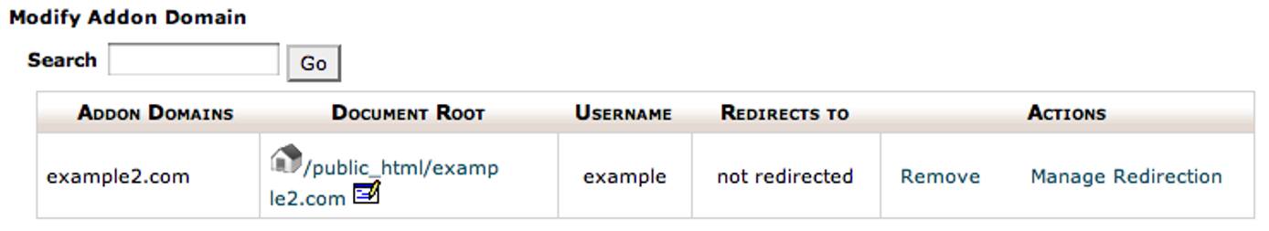 cPanel addon domain screen. cPanel addon domain screen.