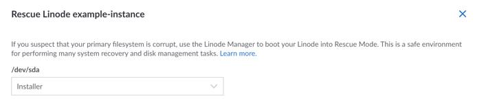 Screenshot of Rescue Mode configuration, with /dev/sda assigned to the Installer disk Screenshot of Rescue Mode configuration