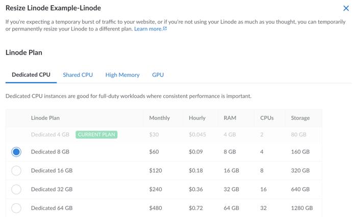 The Resize Linode panel in the Cloud Manager The Resize Linode panel in the Cloud Manager