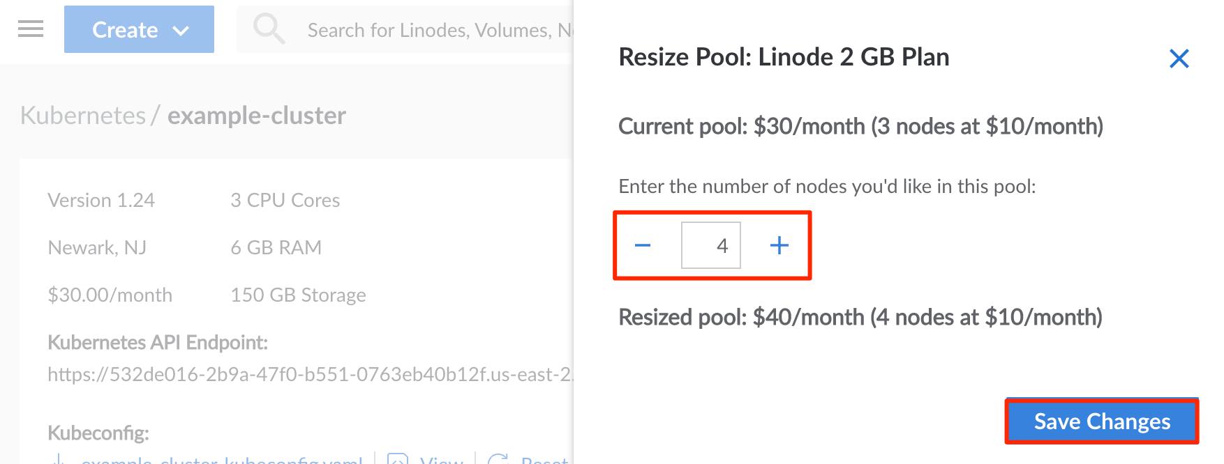 Screenshot of the resize node pool panel in the Cloud Manager Screenshot of the resize node pool panel in the Cloud Manager