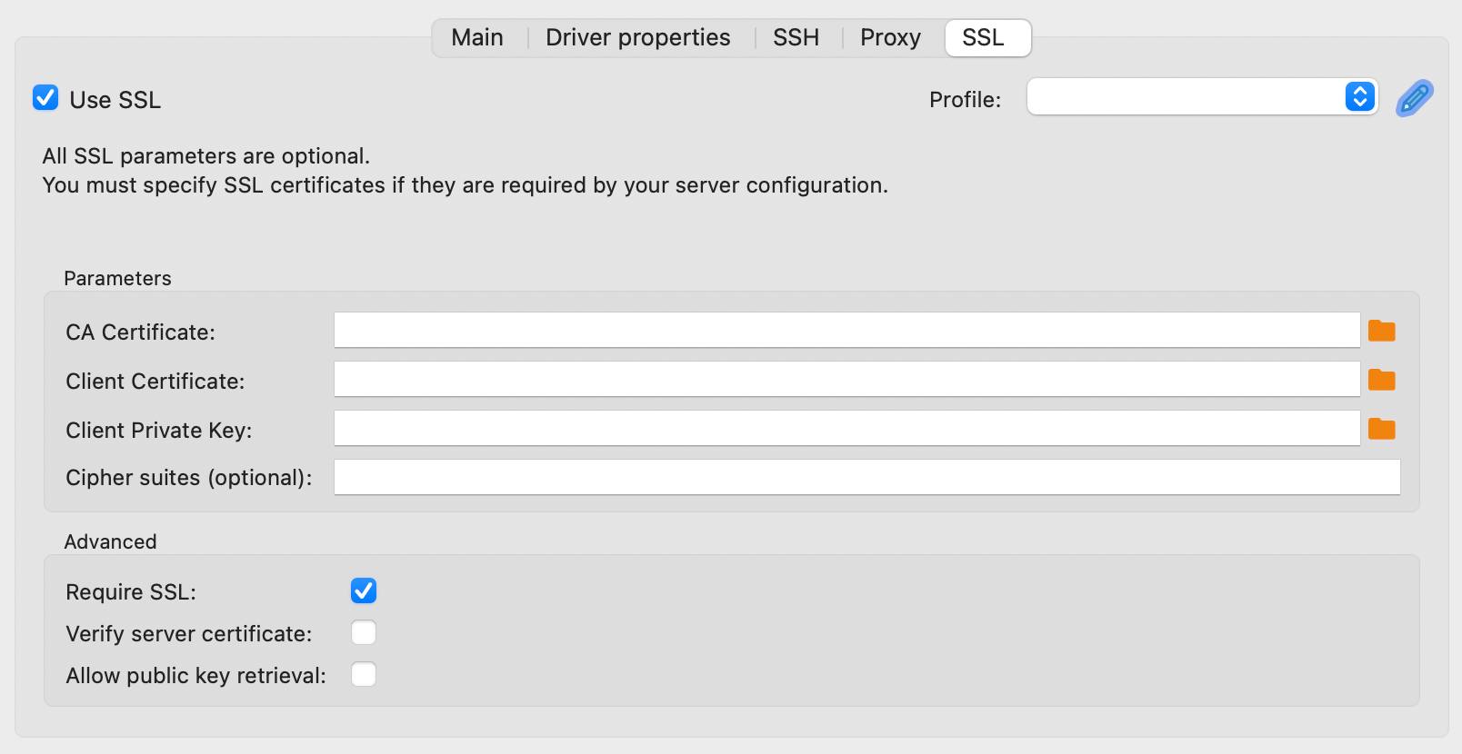 Screenshot of DBeaver’s MySQL SSL connection settings. Screenshot of DBeaver’s MySQL SSL connection settings.