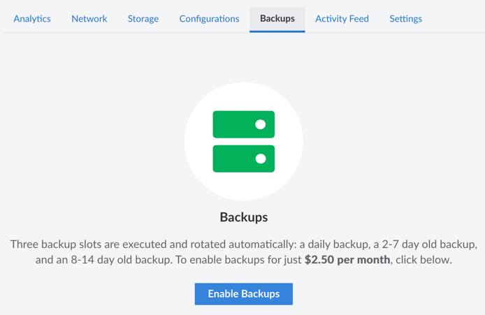 Enable Linode Backups by navigating to the individual Linode’s backup menu Enable Linode Backups by navigating to the individual Linode’s backup menu