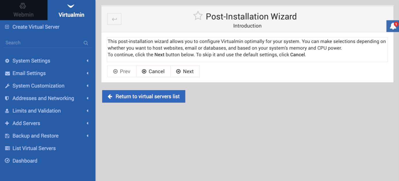 Virtualmin Post-Installation Wizard Virtualmin Post-Installation Wizard