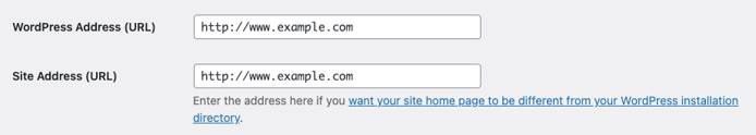 Screenshot of the WordPress/Site Address URL fields Screenshot of the WordPress/Site Address URL fields